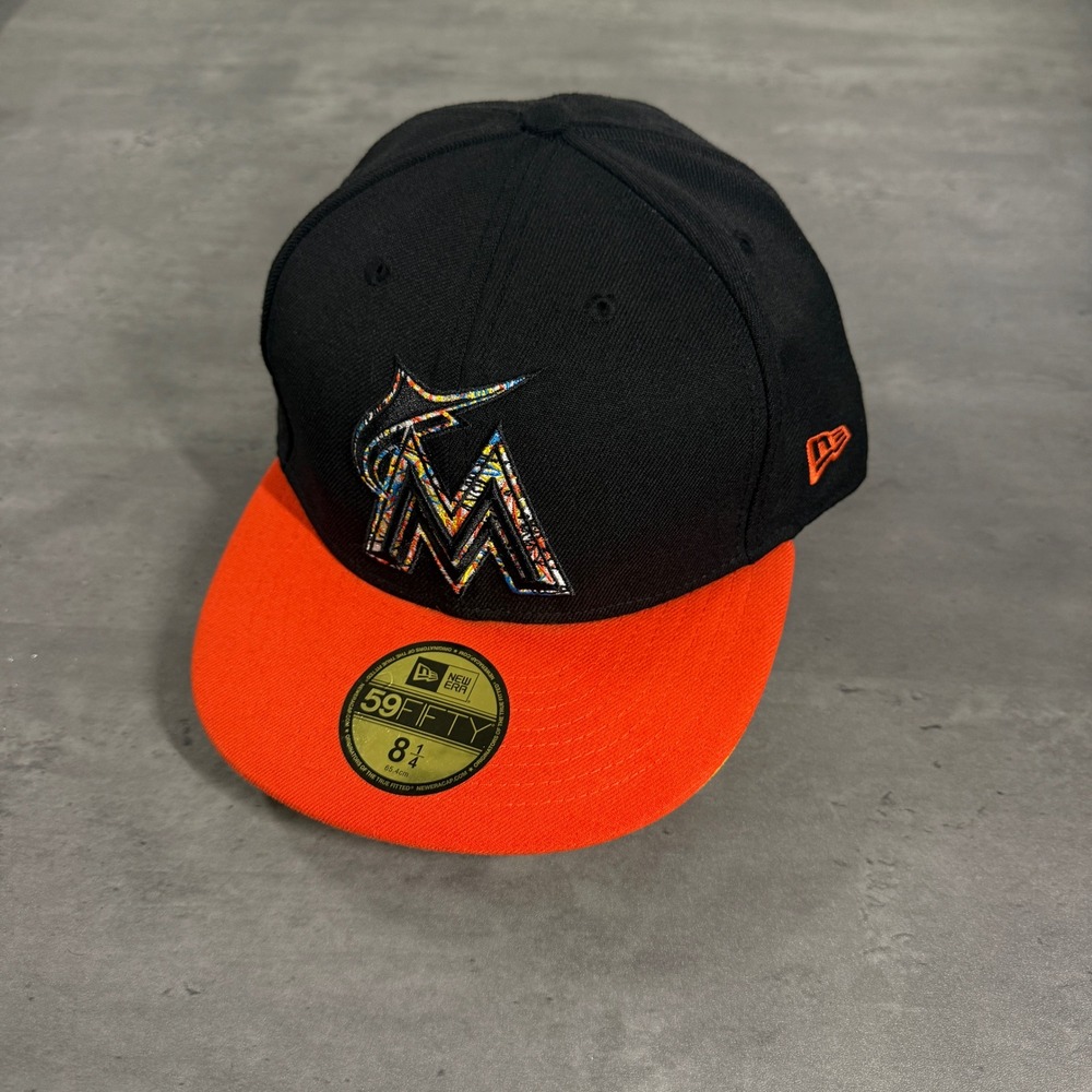 New Era Miami Marlins Hat 8 1/4 Black Orange Splatter Paint Fitted 59FIFTY Cap